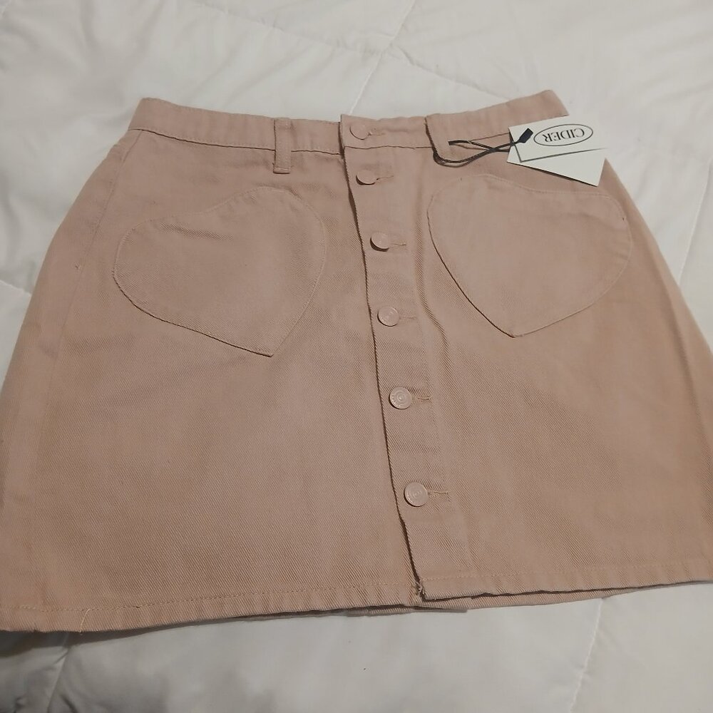 Women’s Pink Denim Mini Skirt with Heart Pockets- Size Large